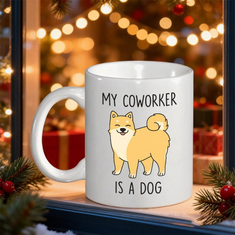 Tailorly White Ceramic 11 oz Mug - My Coworker Is A Dog Cute Smiling Fluffy Shiba Inu Standing Proudly On Dog