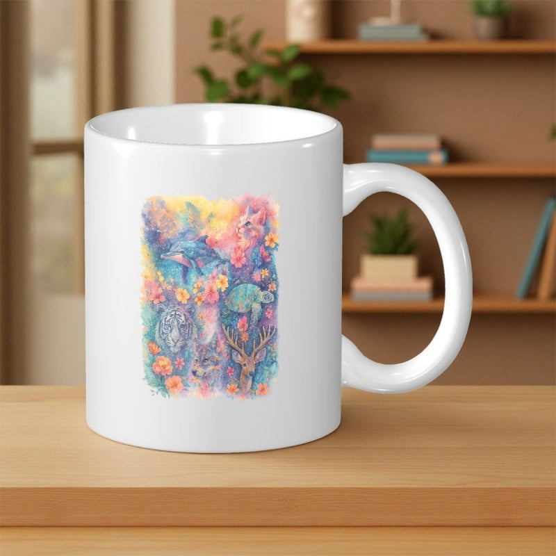 Tailorly White Ceramic 11 oz Mug - Vibrant Watercolor Animals With Soft Floral Elements Blending Into Pastel Tones Illustration