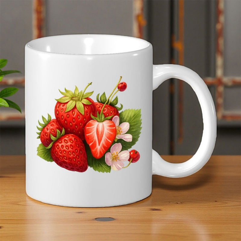 Tailorly White Ceramic 11 oz Mug - Lush Summer Garden With Vibrant Red Berries Blossoming Among Green Leaves Strawberry