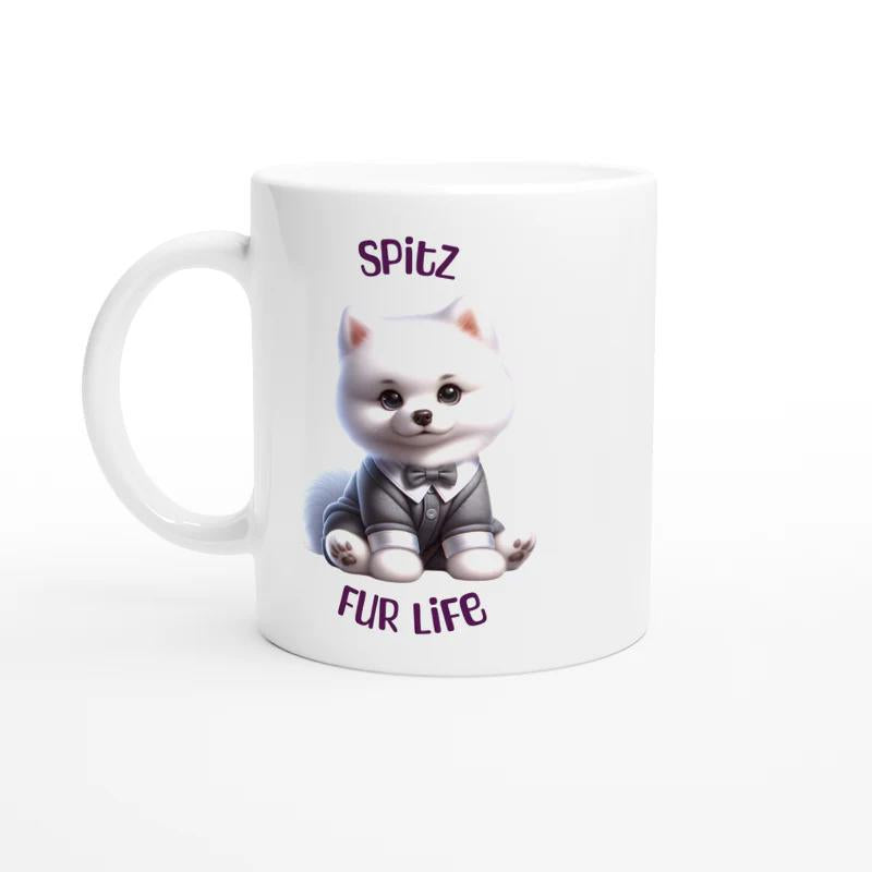 Tailorly White Ceramic 11 oz Mug - Spitz Fur Life Adorable White Fluffy Puppy Wearing Formal Grey Tuxedo Suit Spitz