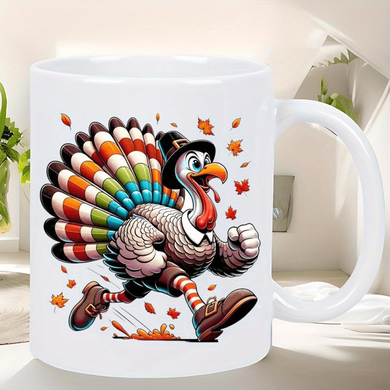 Tailorly White Ceramic 11 oz Mug - Vibrant Cartoon Running Thanksgiving Pilgrim With Colorful Feathers And Falling Leaves Turkey