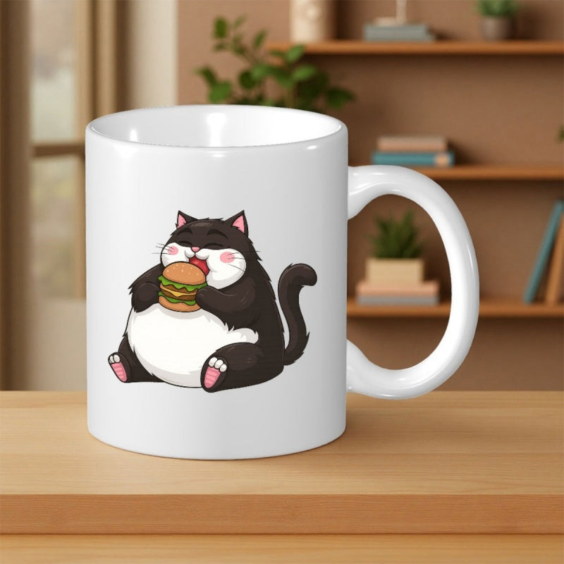 Tailorly White Ceramic 11 oz Mug - Hungry Chubby Black And White Pattern Holding A Small Delicious Burger Cat