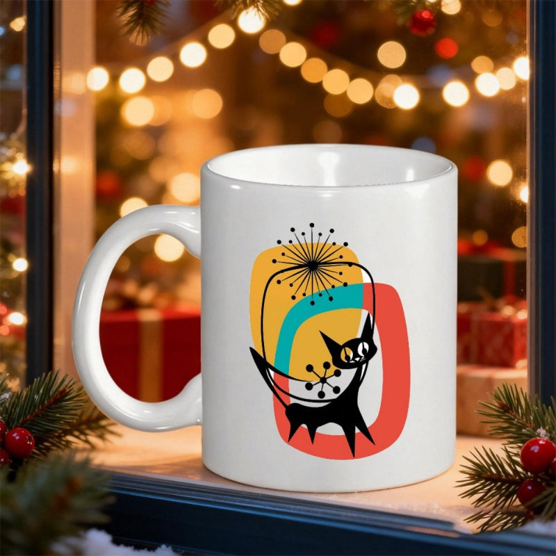 Tailorly White Ceramic 11 oz Mug - Retro Mid Century Modern Atomic Starburst Patterns Surrounding A Stylized Black Cat