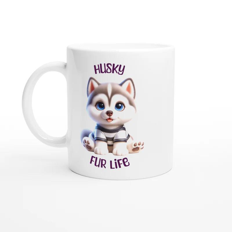 Tailorly White Ceramic 11 oz Mug - Husky Fur Life Adorable Sitting Puppy With Large Blue Eyes And Soft Fur Husky