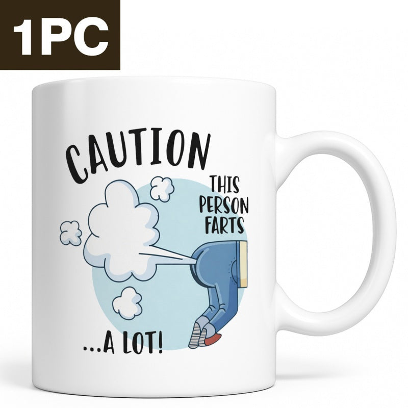 Tailorly White Ceramic 11 oz Mug - Caution This Person Farts A Lot Cartoon Character Emitting Gas Clouds Against A Circular Blue Background Figure