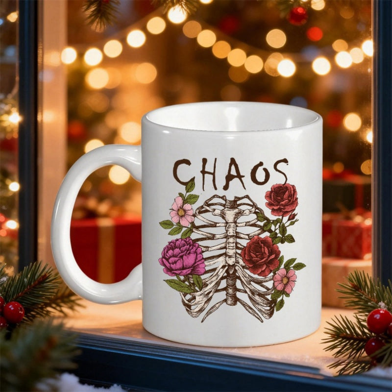 Tailorly White Ceramic 11 oz Mug - Chaos Artistic Skeletal Frame Nestled Among Dark Red And Pink Blooming Ribcage