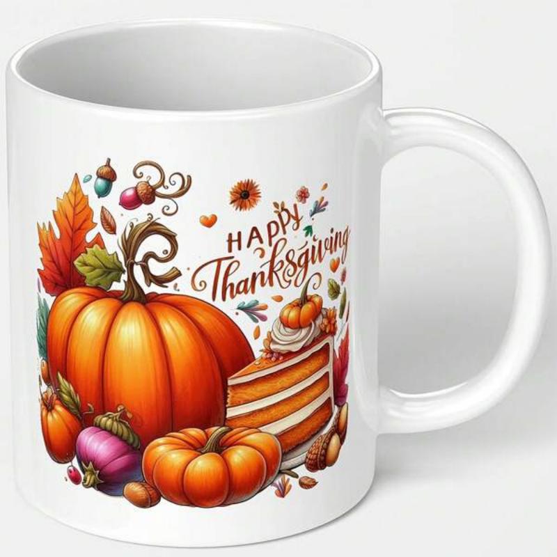 Tailorly White Ceramic 11 oz Mug - Happy Thanksgiving Vibrant Orange Harvest With Autumn Leaves And Sweet Sliced Pie Pumpkin