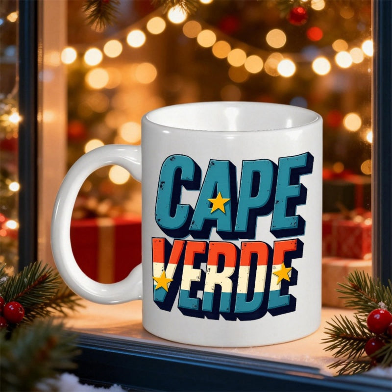 Tailorly White Ceramic 11 oz Mug - Cape Verde Bold Three Dimensional Block Letters Featuring National Flag Colors And Stars Design