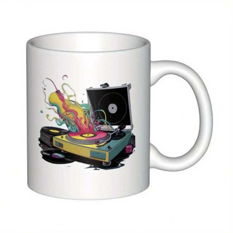 Tailorly White Ceramic 11 oz Mug - Retro Vinyl Record Player With Colorful Vibrant Smoke Swirling From Spindle Turntable