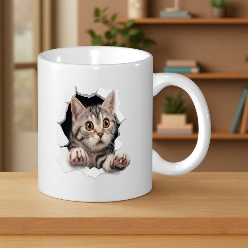 Tailorly White Ceramic 11 oz Mug - Charming Grey Tabby Peeking Out From A Realistic Torn Paper Hole Cat