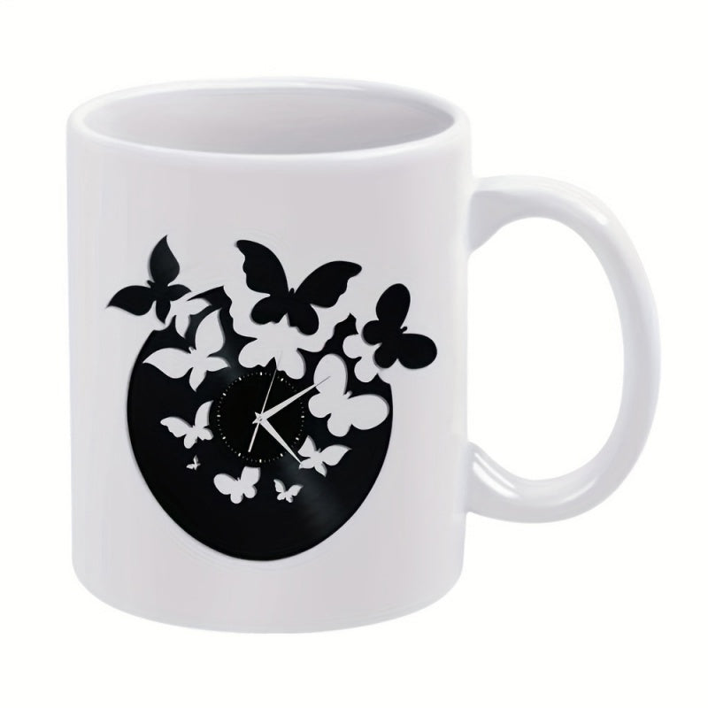 Tailorly White Ceramic 11 oz Mug - Graceful Silhouettes Flying Above A Round Vintage Clock Face Butterfly