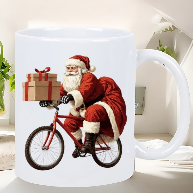 Tailorly White Ceramic 11 oz Mug - Jolly Santa Claus Riding Red Bicycle Carrying Wrapped Gift Boxes Santa Claus