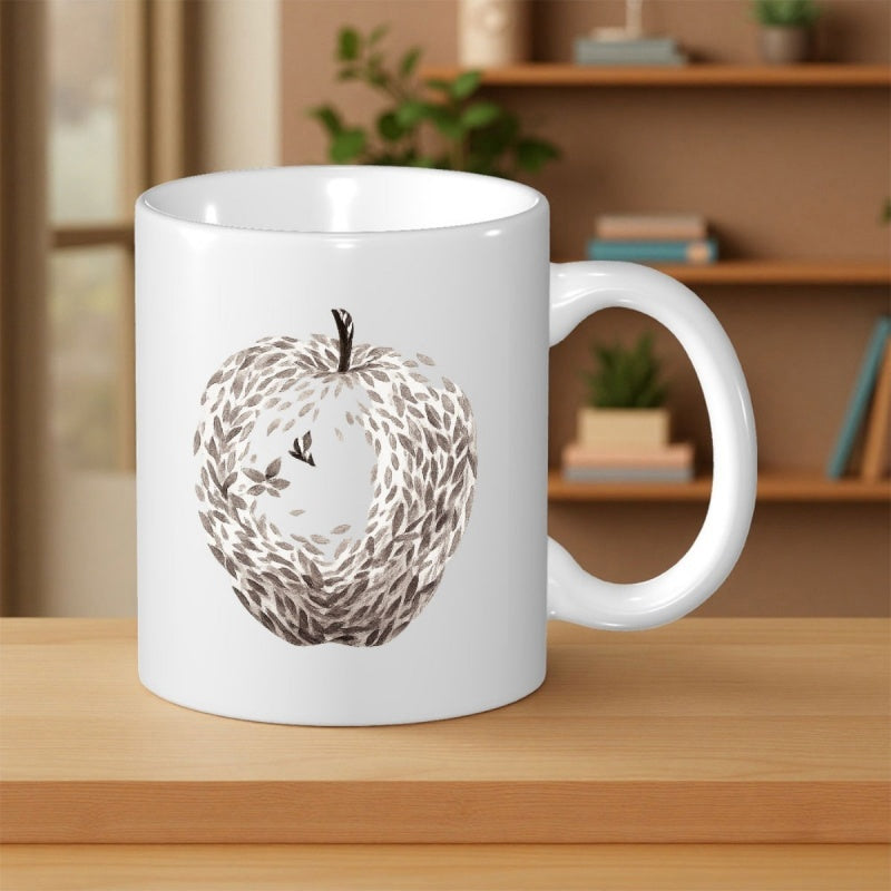 Tailorly White Ceramic 11 oz Mug - Artistic Apple Silhouette Composed Of Delicate Monochrome Leaf Like Patterns Apple