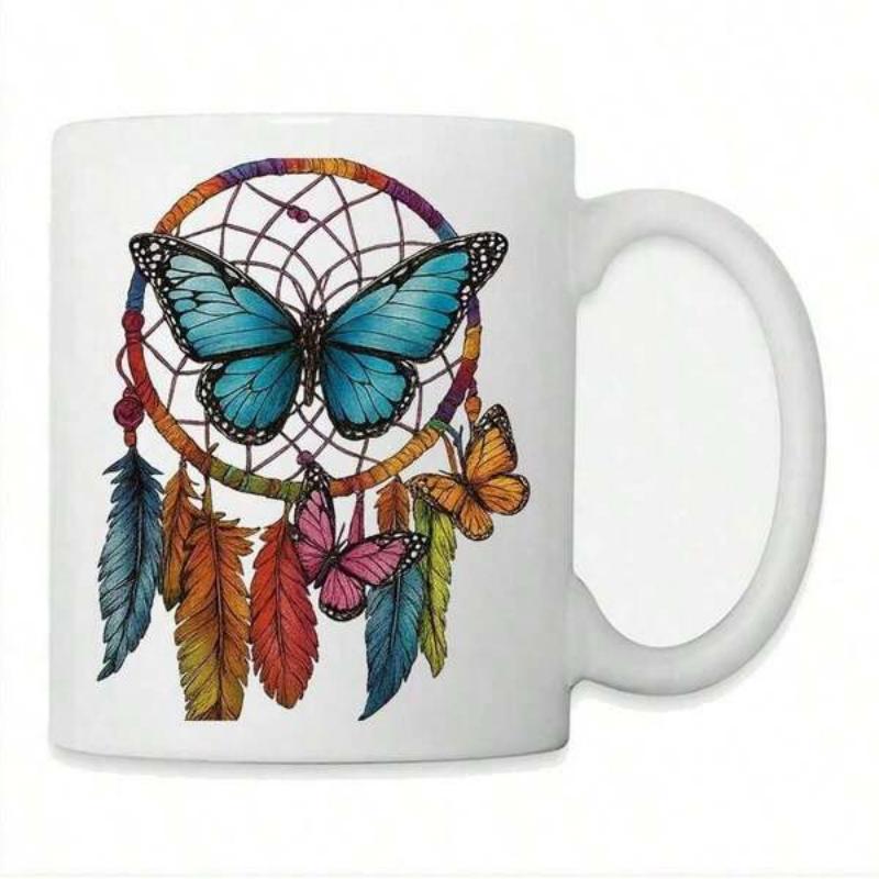 Tailorly White Ceramic 11 oz Mug - Vibrant Dreamcatcher Featuring Colorful Feathers And Elegant Blue Flying Butterfly