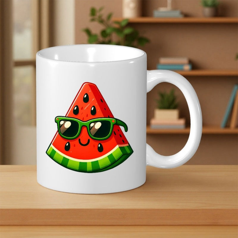 Tailorly White Ceramic 11 oz Mug - Vibrant Summer Fruit Slice Wearing Cool Green Sunglasses Smiling Cartoon Watermelon