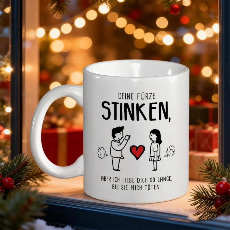 Tailorly White Ceramic 11 oz Mug - Minimalist Line Art Depicting A Romantic Yet Humorous Charming Young Couple