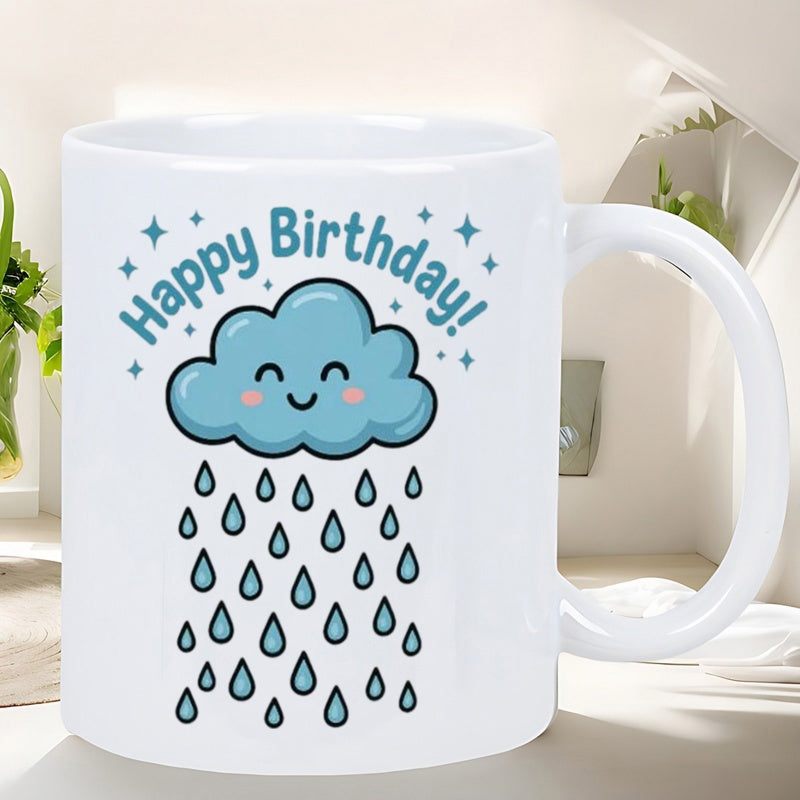 Tailorly White Ceramic 11 oz Mug - Happy Birthday Cute Smiling Blue Cloud Dropping Gentle Raindrops With Small Stars Cloud