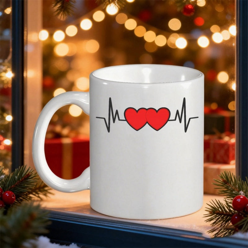 Tailorly White Ceramic 11 oz Mug - Rhythmic Black Life Line Pulse Connected With Two Red Hearts Heartbeat