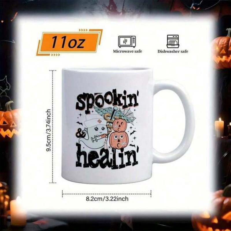 Tailorly White Ceramic 11 oz Mug - Spookin Healin Retro Cartoon Ghost Among Small Decorative Halloween Pumpkins Mug