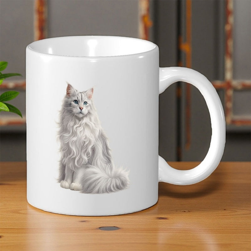 Tailorly White Ceramic 11 oz Mug - Majestic Long Haired White Feline Sitting Gracefully With Fluffy Fur And Tail Cat