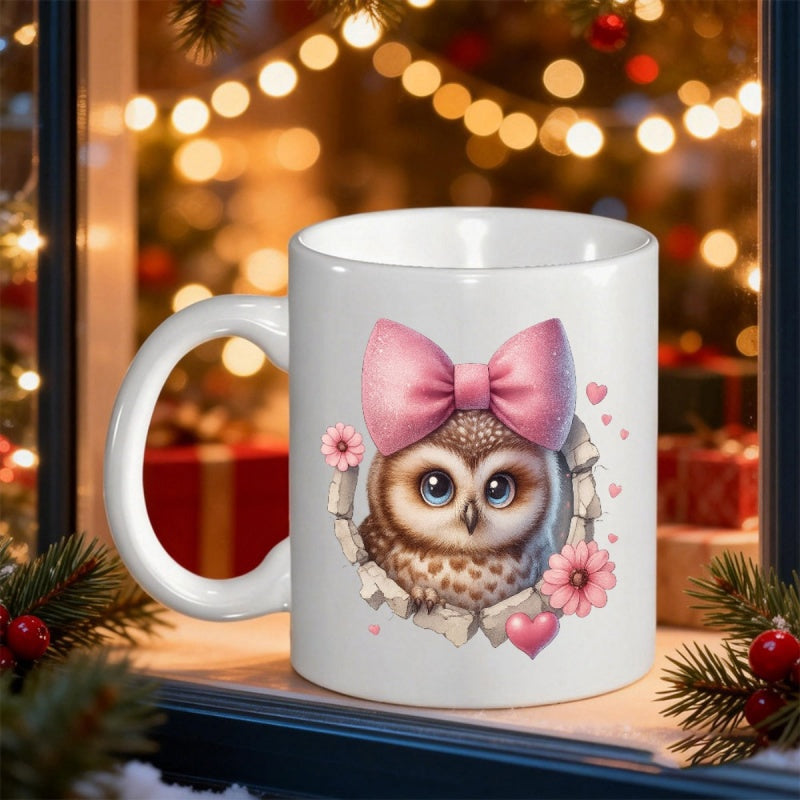 Tailorly White Ceramic 11 oz Mug - Adorable Small Bird Peeking Through Wall With Pink Bow And Flowers Owl