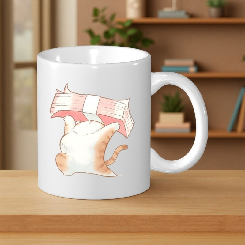 Tailorly White Ceramic 11 oz Mug - Chubby Orange Ginger Feline Holding Large Stack Of Pink Banknotes Cat
