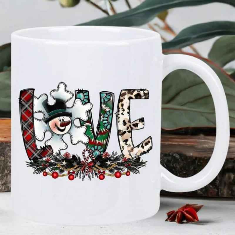 Tailorly White Ceramic 11 oz Mug - Love Festive Artistic Letters Featuring A Smiling Snowman And Winter Snowflake Mug