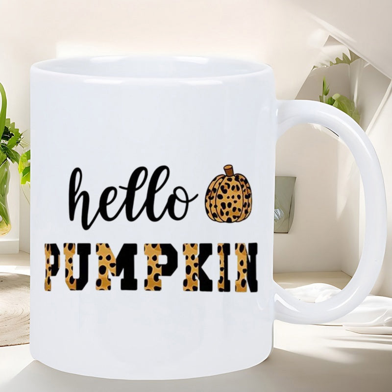 Tailorly White Ceramic 11 oz Mug - Hello Pumpkin Leopard Print Texture With Autumn Theme And Stylish Animal Pattern Pumpkin