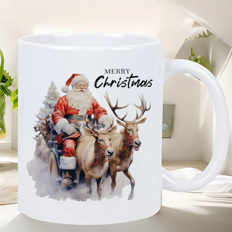 Tailorly White Ceramic 11 oz Mug - Merry Christmas Majestic Vintage Reindeer Sleigh Gliding Through Snowy Winter Forest Scenes Santa Claus