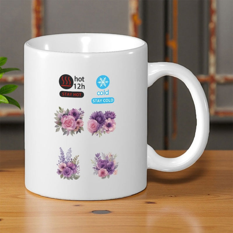 Tailorly White Ceramic 11 oz Mug - Hot 12h Stay Hot Cold Stay Cold Elegant Purple Watercolor Floral Bouquets Arranged In Clusters Flower