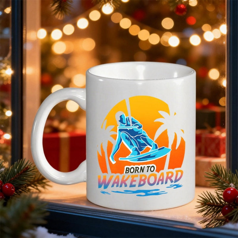 Tailorly White Ceramic 11 oz Mug - Born To Wakeboard Dynamic Action Rider Catching Huge Waves Near Tropical Palms Wakeboarder