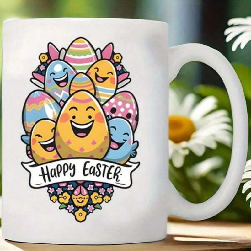 Tailorly White Ceramic 11 oz Mug - Happy Easter Colorful Cheerful Smiling Cartoon Characters With Decorative Flowers And Festive Banner Egg