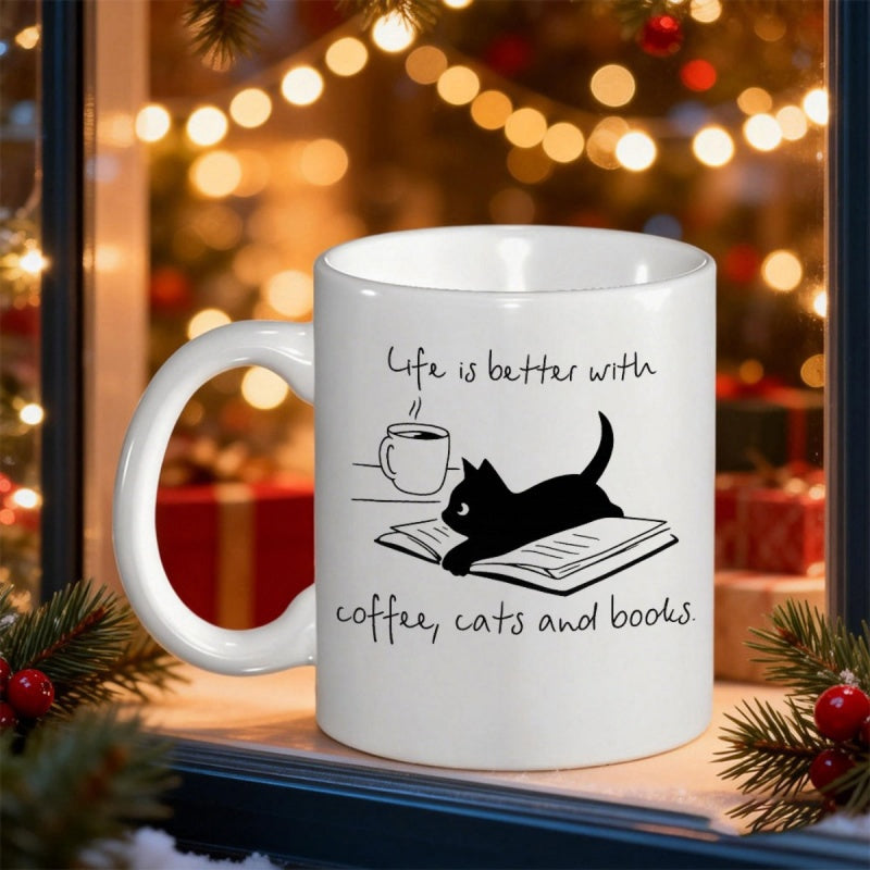 Tailorly White Ceramic 11 oz Mug - Life Is Better With Coffee Cats And Books Minimalist Black Silhouette Resting On An Open Book Beside Coffee Cat