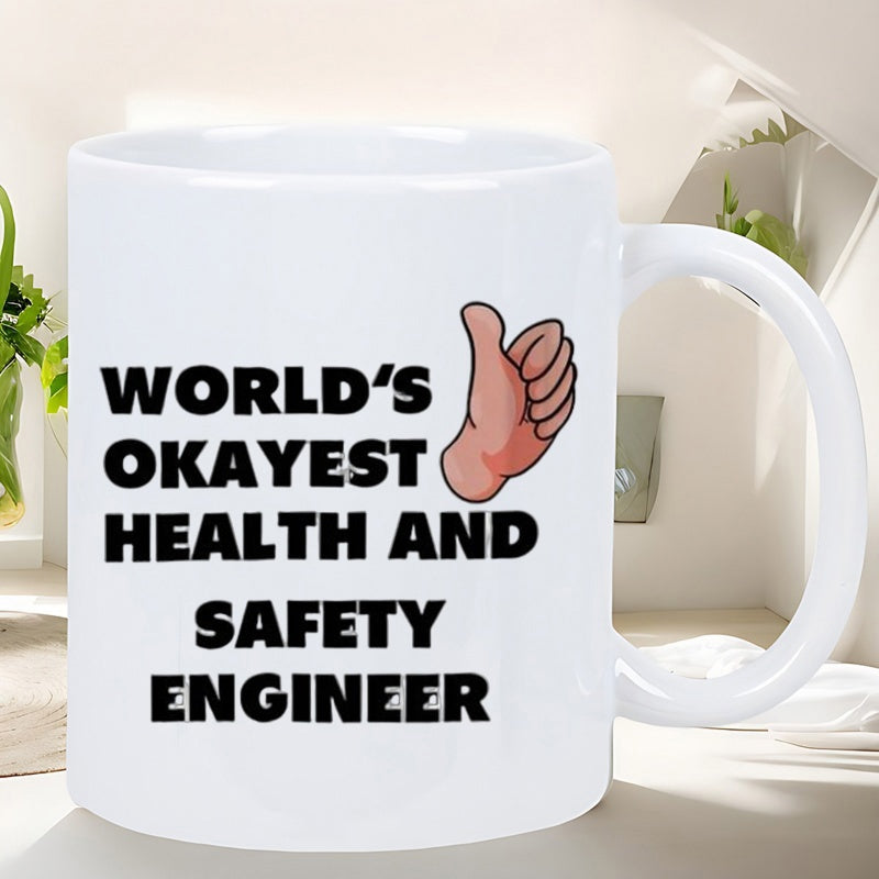Tailorly White Ceramic 11 oz Mug - Worlds Okayest Health And Safety Engineer Bold Black Text With Minimalist Thumbs Up Icon Hand