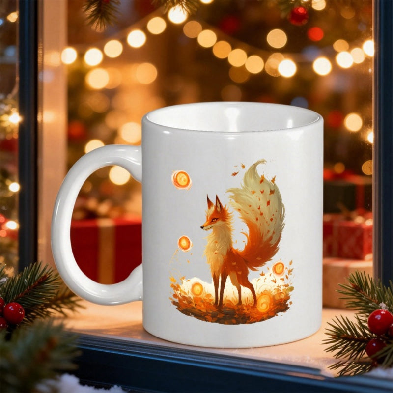 Tailorly White Ceramic 11 oz Mug - Enchanting Orange Fox Standing Amidst Glowing Golden Autumn Leaves And Fireflies Fox