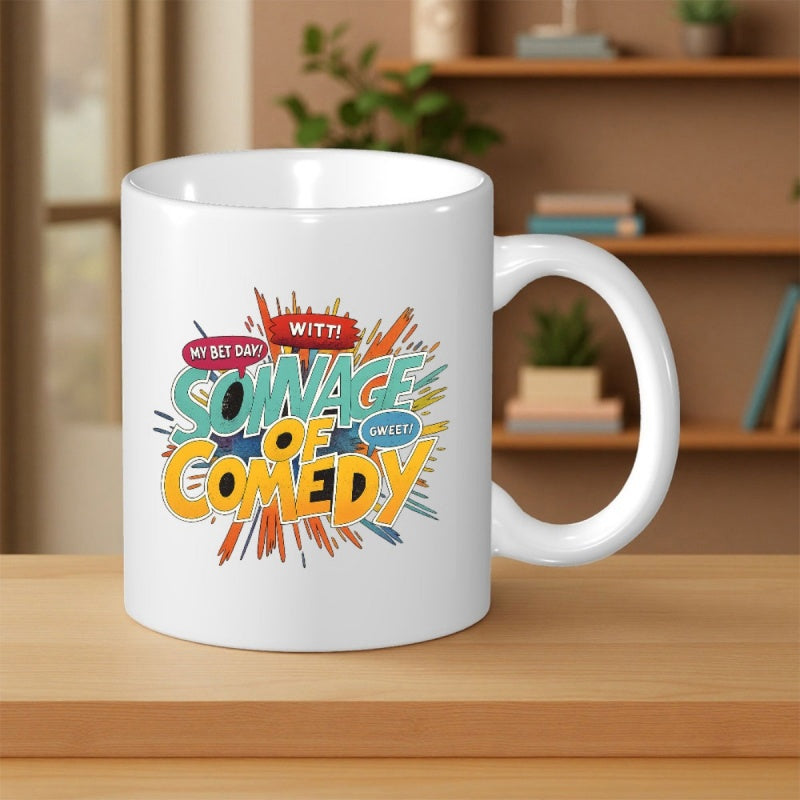 Tailorly White Ceramic 11 oz Mug - Witti Someage Of Comedy Vibrant Colorful Splashes With Artistic Stylized Comic Book Typography Mug