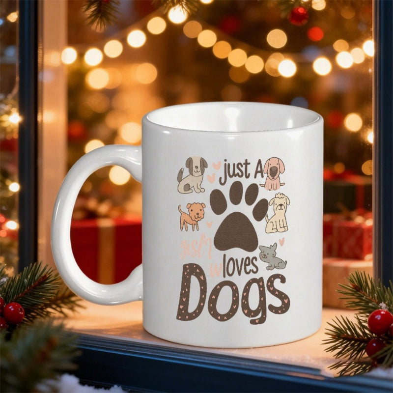 Tailorly White Ceramic 11 oz Mug - Just A Girl Who Loves Dogs Cute Cartoon Puppies Surrounding A Large Central Brown Paw Print Dogs