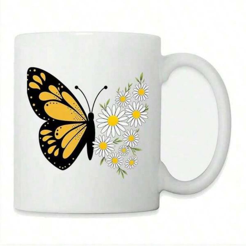 Tailorly White Ceramic 11 oz Mug - Vibrant Golden Wings Merging Into Blooming White Daisy Flowers Butterfly