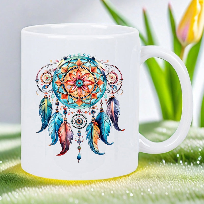 Tailorly White Ceramic 11 oz Mug - Intricate Circular Mandala Pattern With Colorful Feathers Hanging Underneath Dreamcatcher