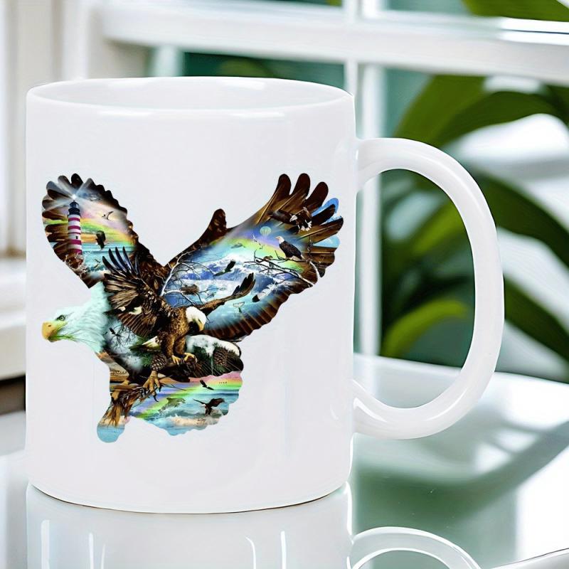 Tailorly White Ceramic 11 oz Mug - Majestic Soaring Through Sky With Double Exposure Forest And Lake Eagle