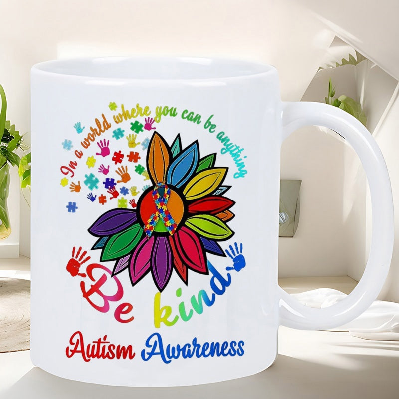 Tailorly White Ceramic 11 oz Mug - In A World Where You Can Be Anything Be Kind Autism Awareness Colorful Petals Merging With Puzzle Pieces And Symbolic Tiny