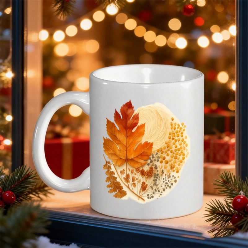 Tailorly White Ceramic 11 oz Mug - Warm Vibrant Autumn Leaves With Golden Watercolor Textures Artistic Foliage Leaf