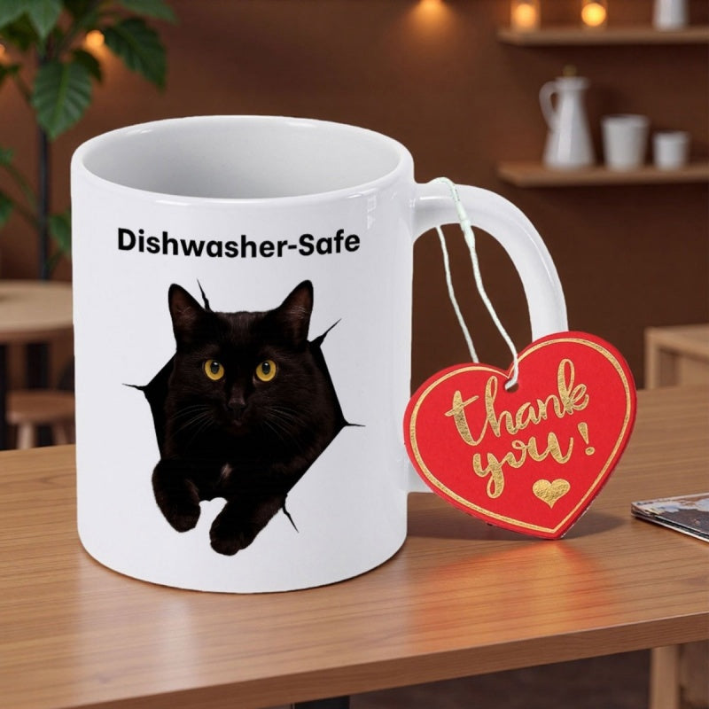 Tailorly White Ceramic 11 oz Mug - Dishwasher Safe Thank You Realistic Mysterious Peeking Through A Dark Hole Effect Black Cat