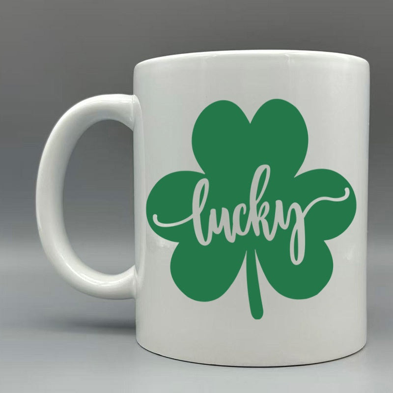 Tailorly White Ceramic 11 oz Mug - Lucky Vibrant Green Three Leaf Shamrock Symbol Centered On Minimalist Clover