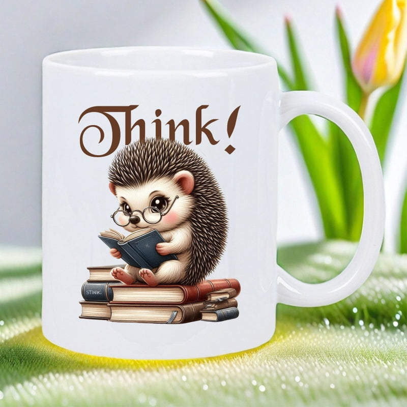 Tailorly White Ceramic 11 oz Mug - Think Smart Little Animal Wearing Glasses Reading Books Sitting In Serene Environment Hedgehog