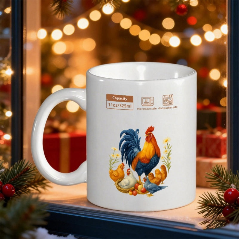 Tailorly White Ceramic 11 oz Mug - Vibrant Farmyard Scene With Colorful Rooster And Hens Among Wildflowers Rooster