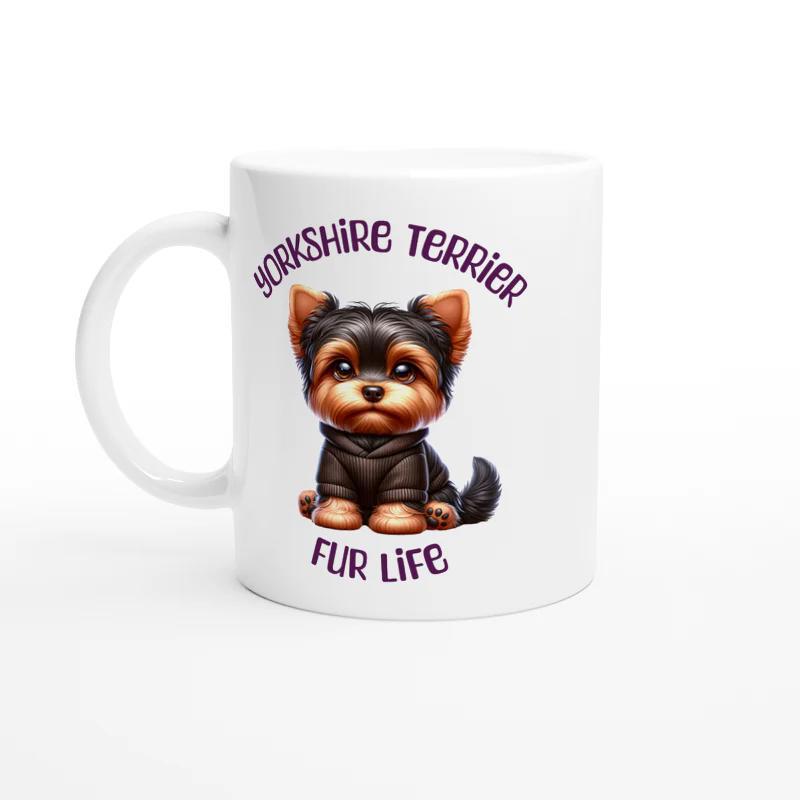 Tailorly White Ceramic 11 oz Mug - Yorkshire Terrier Fur Life Adorable Small Puppy Wearing Black Hoodie Sitting On White Background Yorkshire Terrier