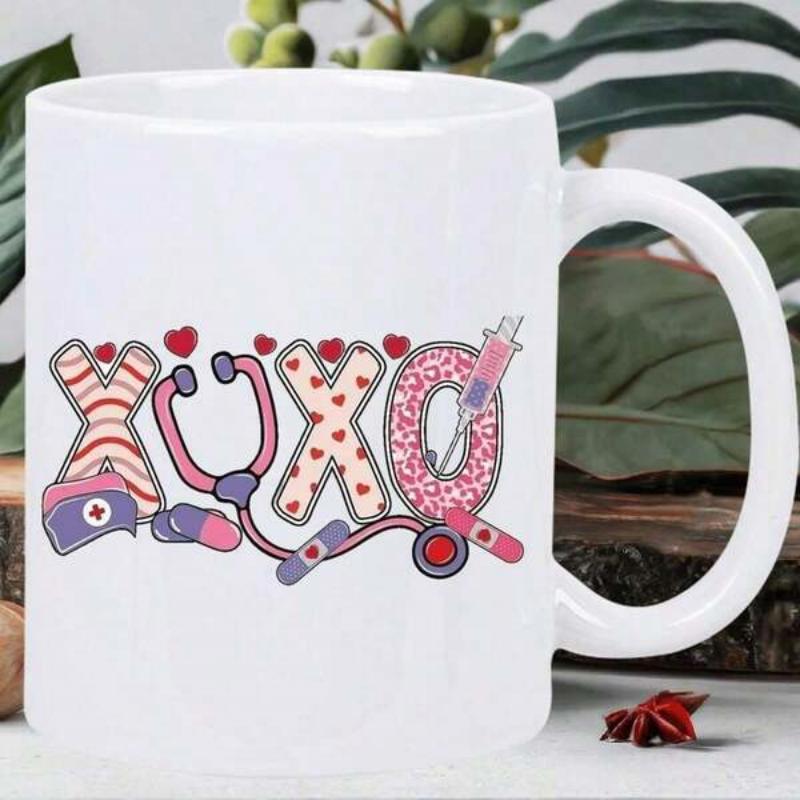 Tailorly White Ceramic 11 oz Mug - Xoxo Medical Theme With Stethoscope Syringe Bandages And Pink Leopard Patterns Heart