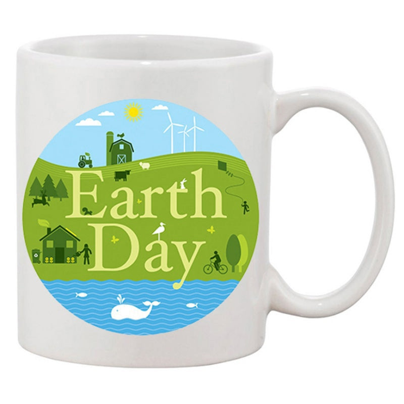 Tailorly White Ceramic 11 oz Mug - Earth Day Lush Green Rolling Hills Featuring Windmills And A Friendly Blue Whale Landscape