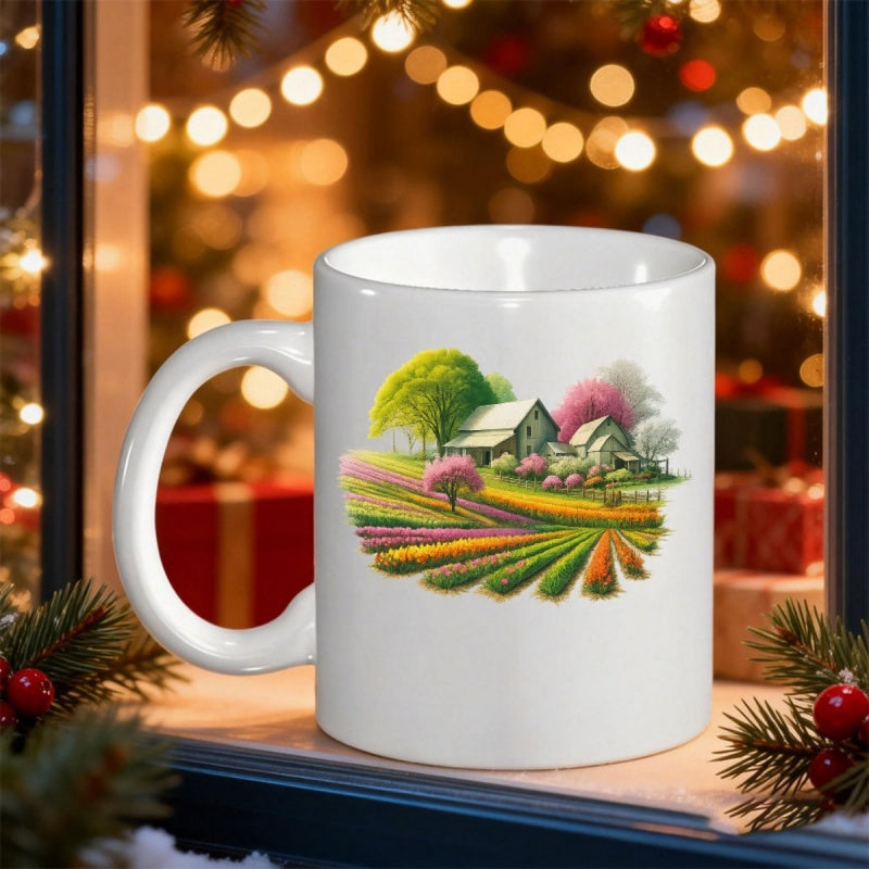 Tailorly White Ceramic 11 oz Mug - Vibrant Rolling Fields Of Colorful Flowers Nestled Beside A Peaceful Country Farmhouse